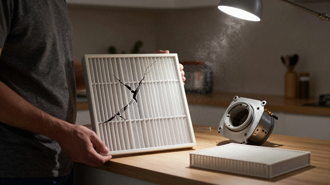 A homeowner holding a damaged electrostatic filter while dust floats in the air and a replacement filter sits nearby.