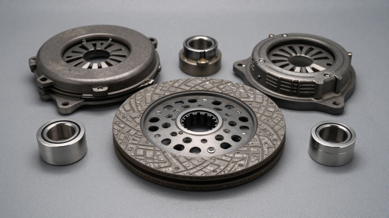 Clutch kit components arranged on a grey work mat.