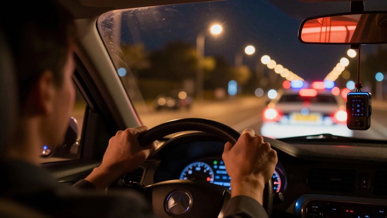 Driver's hands on steering wheel with glowing exhaust in rearview mirror, police car with decibel meter approaching in background.