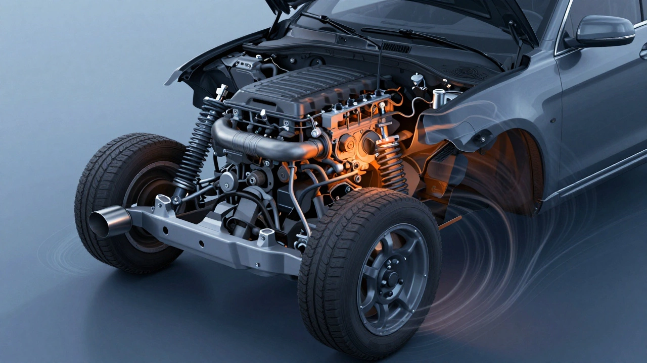 Exploded view of a car's suspension and engine, showing vibrations damaging mounts and wiring harnesses.