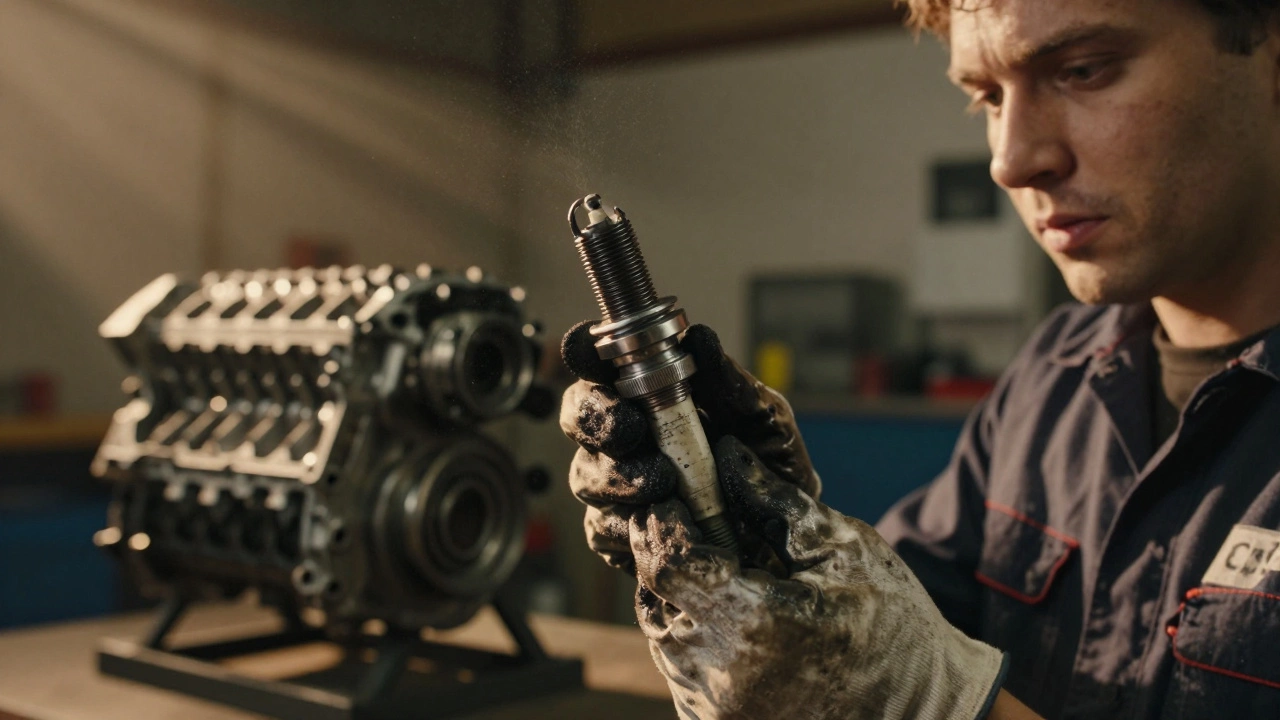 Mechanic hand holds a blackened used spark plug removed from a vehicle engine.