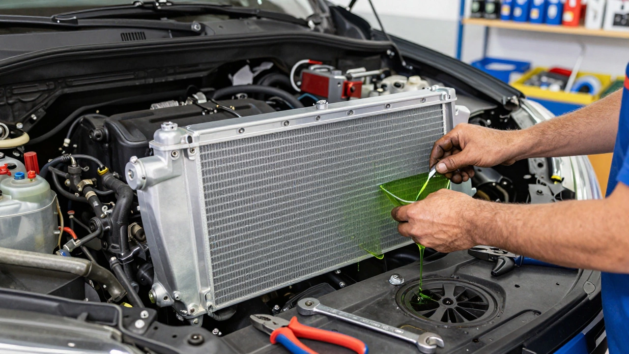 Mechanic inspecting car radiator inside engine bay with tools.