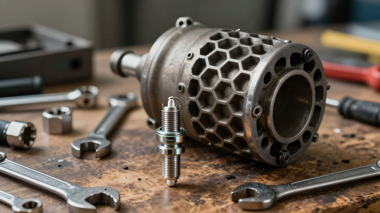 New spark plug laid beside a large metallic catalytic converter part on a workbench.