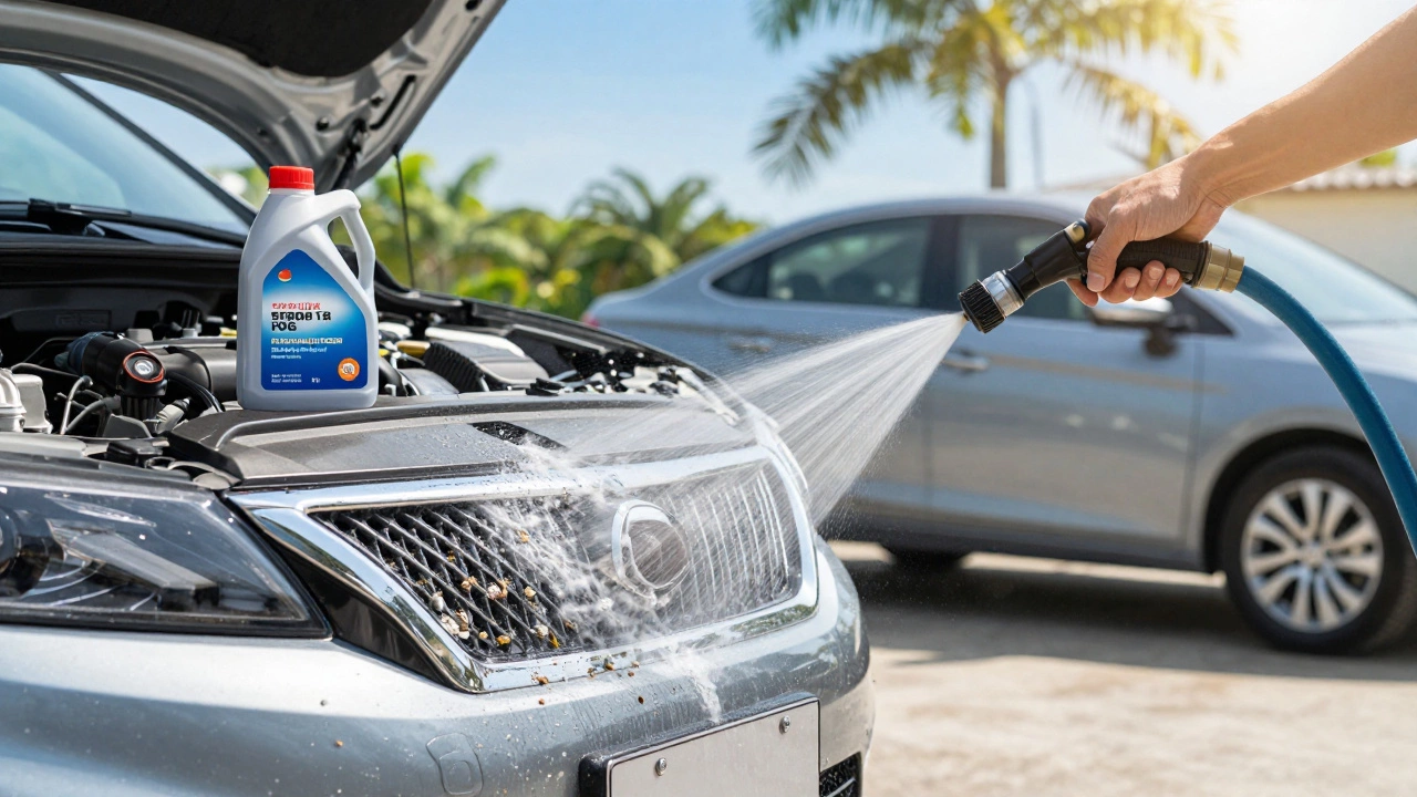 Person cleaning car radiator fins with water hose outdoors.