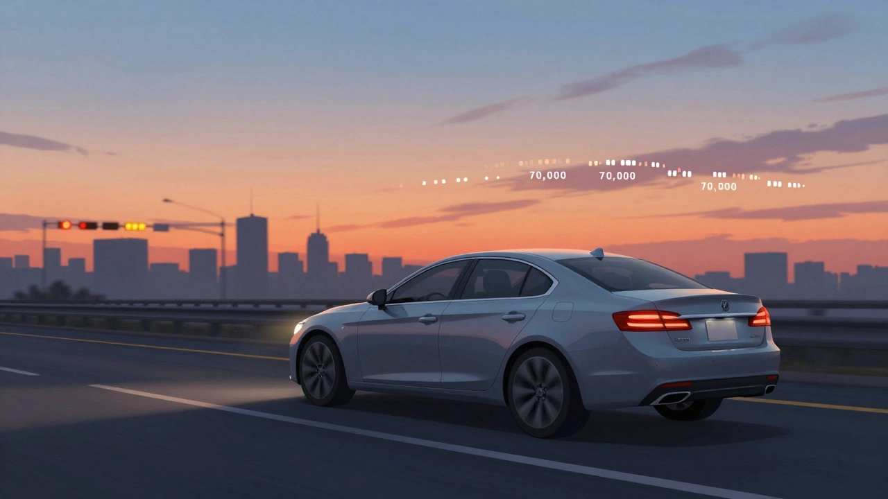 Sedan driving on highway at sunset with fading brake wear indicators symbolizing mileage.