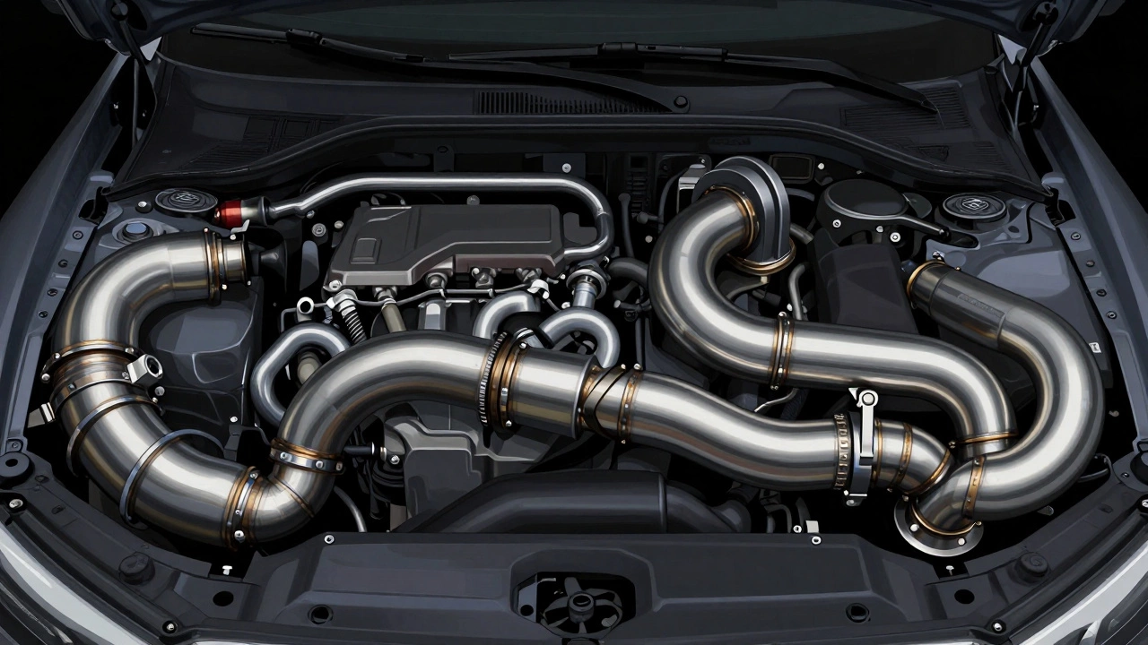 Side-by-side comparison of a restrictive stock exhaust versus a smooth aftermarket system inside an engine bay.