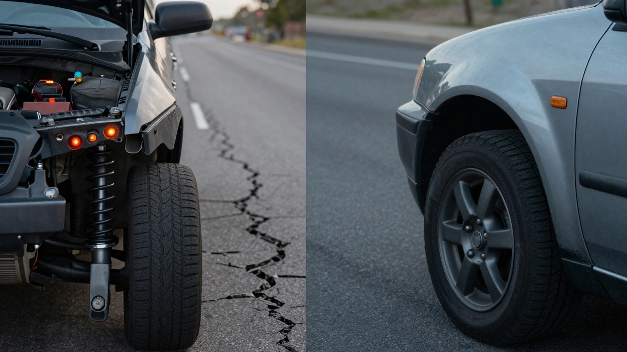 Side-by-side of a car with worn vs. repaired suspension, highlighting improved engine stability and calm operation.