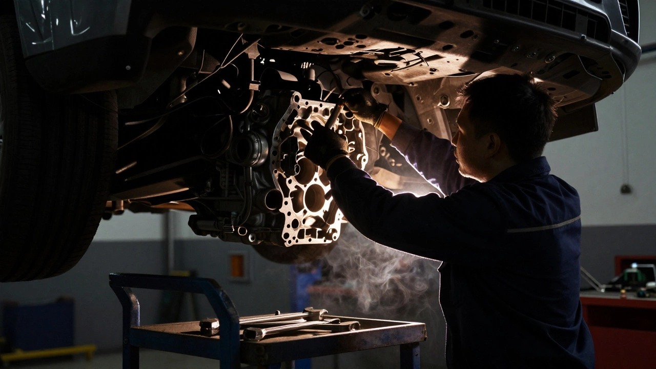 Technician working inside an open engine bay.