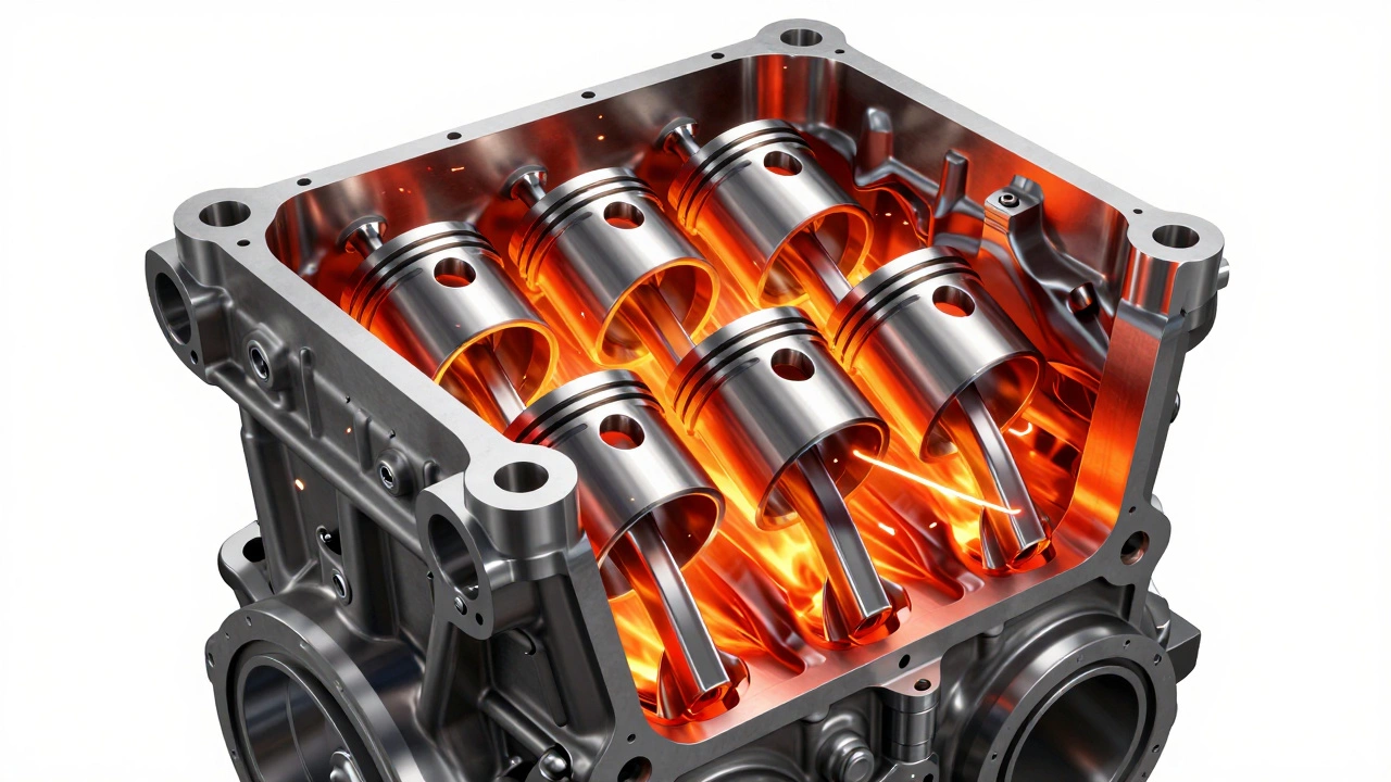 3D cross-section of a car engine showing overheating and friction due to low oil