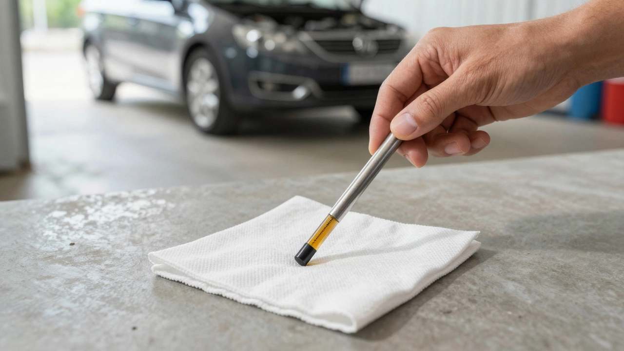 A hand checking a car's oil dipstick showing the oil level is below the minimum mark