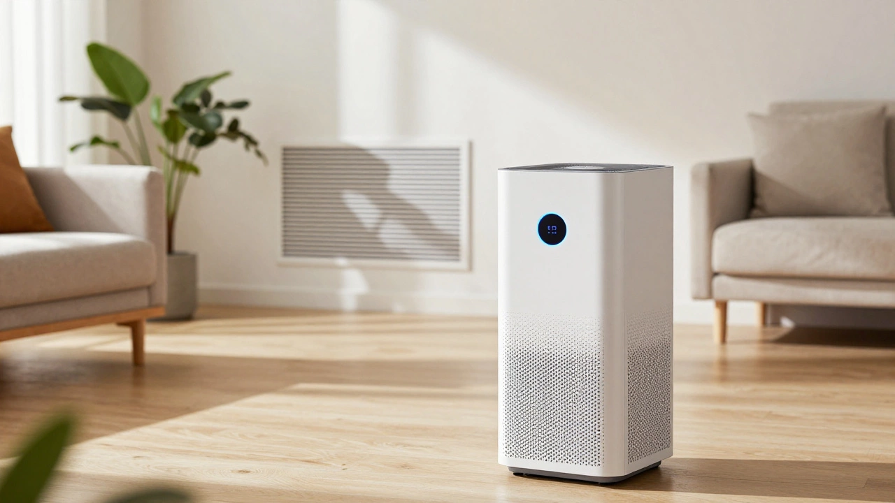 A modern portable HEPA air purifier in a bright, clean living room