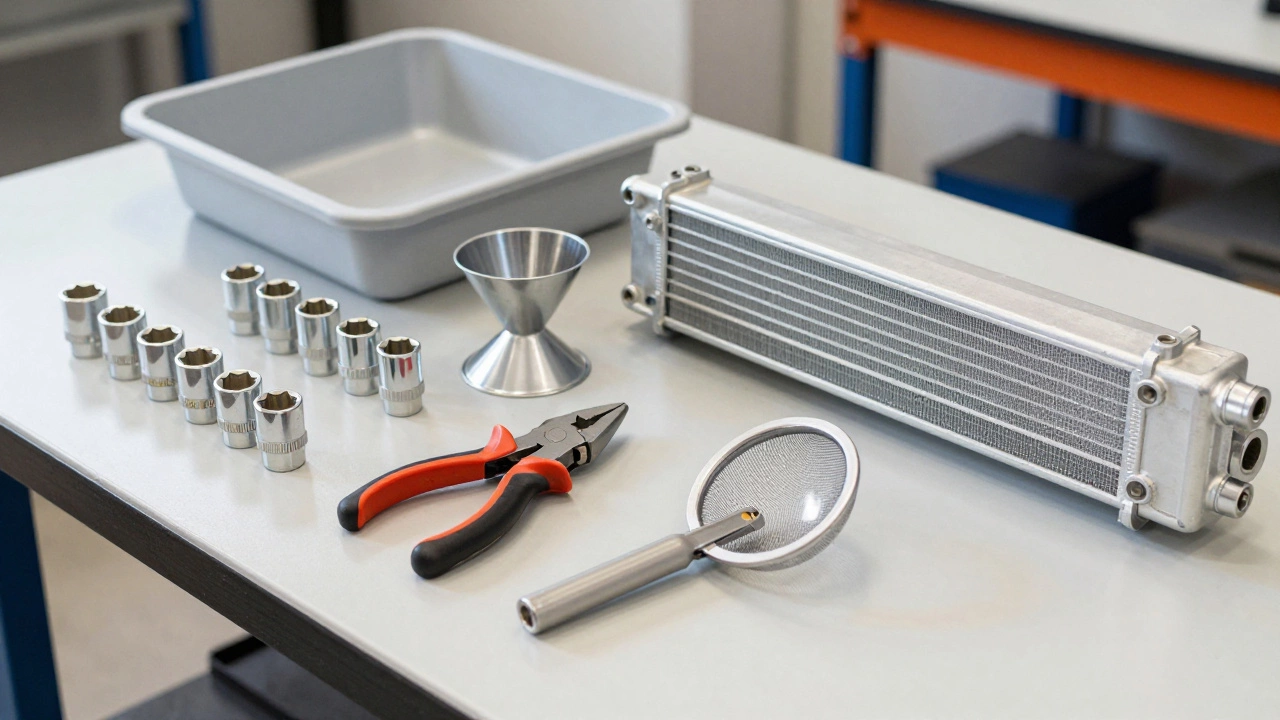 A toolkit including a socket set, pliers, drain pan and a new aluminum radiator