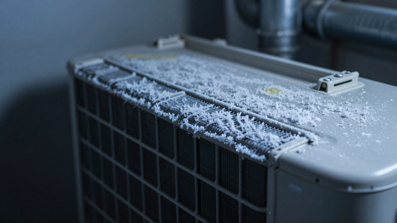 Close-up of a frozen HVAC evaporator coil with ice buildup due to low airflow