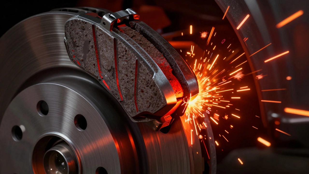 Conceptual illustration of metal-on-metal brake wear with sparks and heat