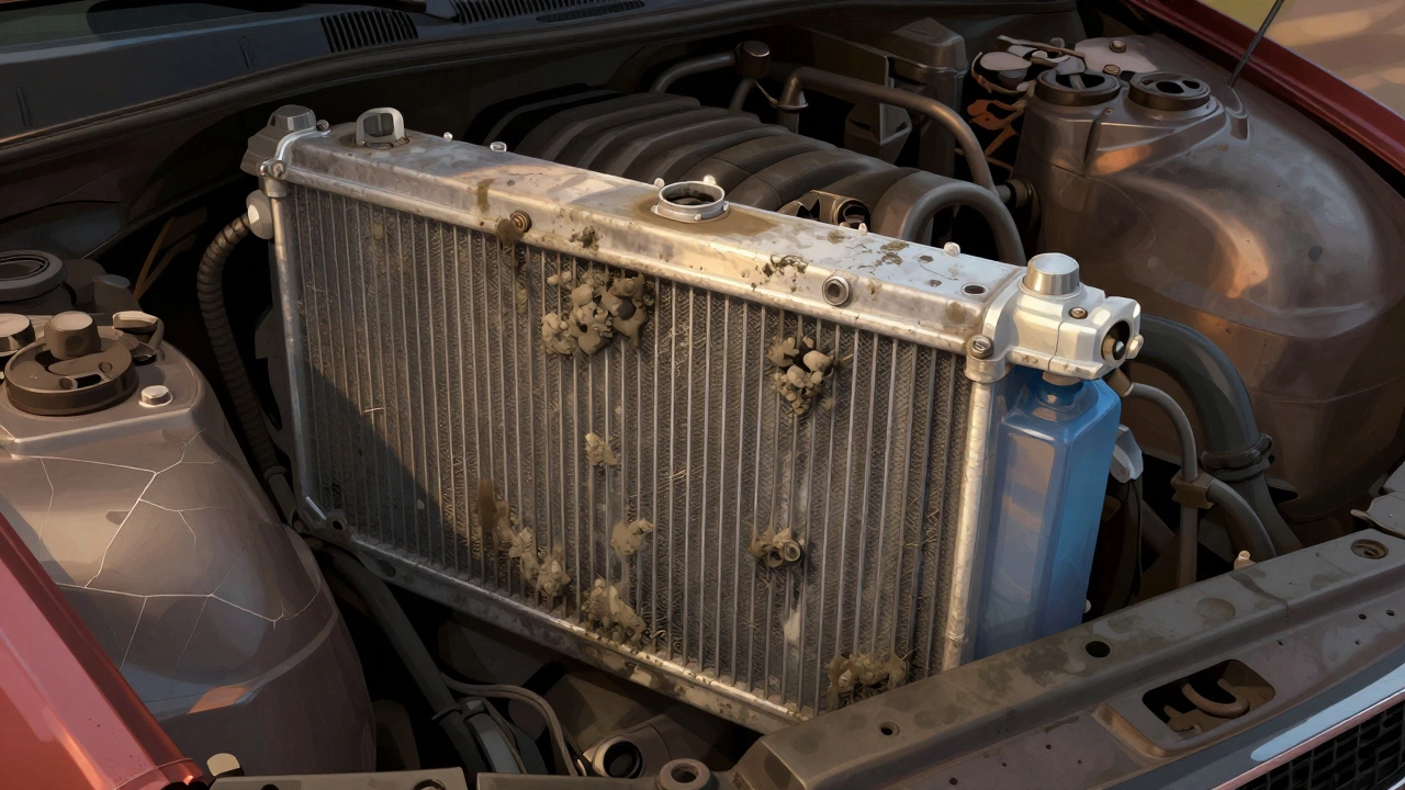 Illustration of a clogged car radiator with internal sludge and cracked plastic tanks