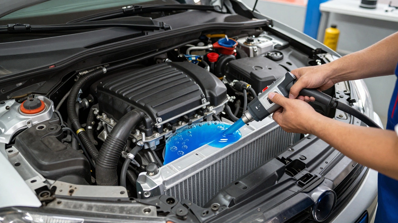 Mechanic installing a new car radiator and filling it with blue coolant in a repair shop