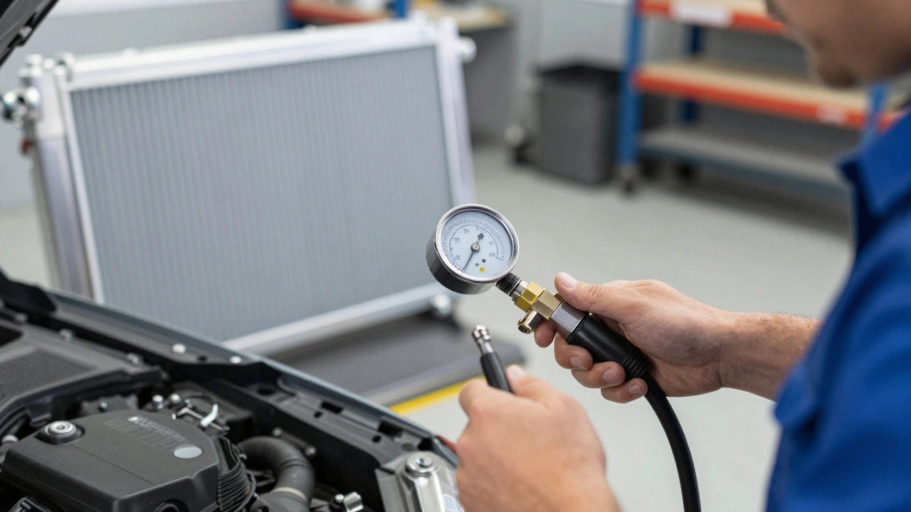 Mechanic using a pressure tester on a car radiator cap in a professional garage