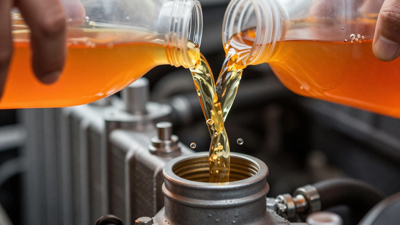 Pouring orange engine coolant into a radiator with air bubbles escaping