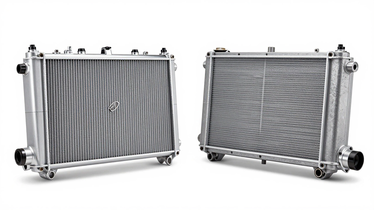 Side-by-side comparison of a high-quality OEM radiator and a budget aftermarket radiator