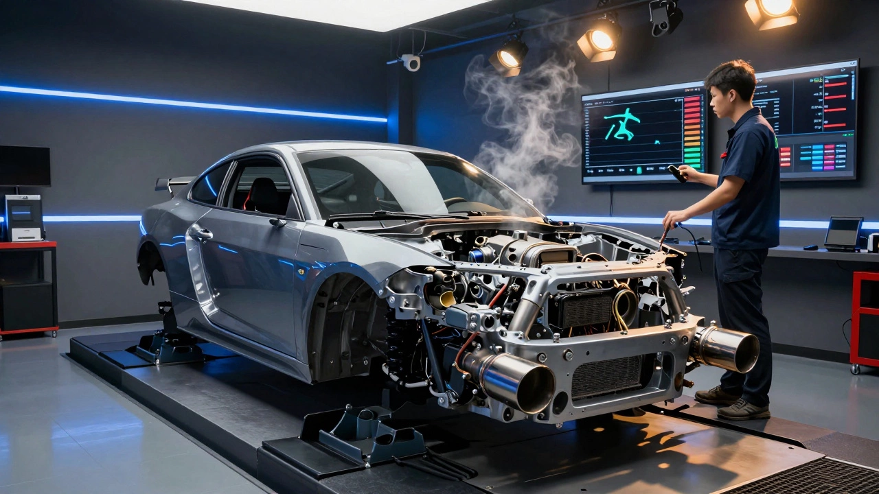 Car on dynamometer during exhaust tuning and performance testing