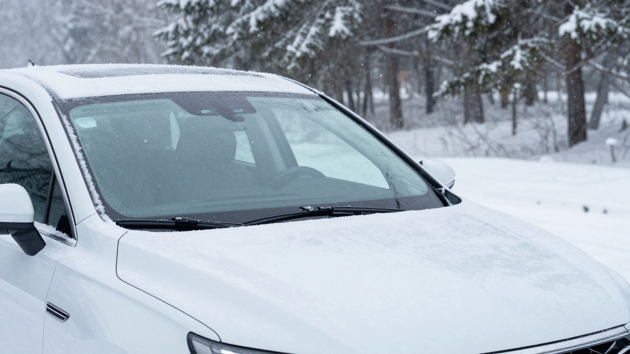 Car with new wiper blades parked in a snowy winter landscape