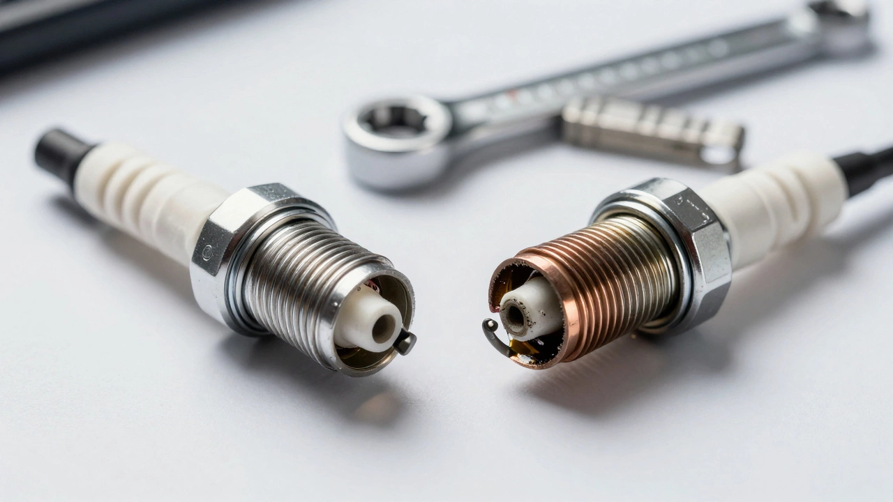 Clean new spark plug compared to a worn one with tools for proper installation.