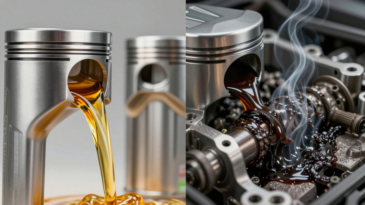 Comparison of fresh amber oil versus dark sludge inside engine pistons