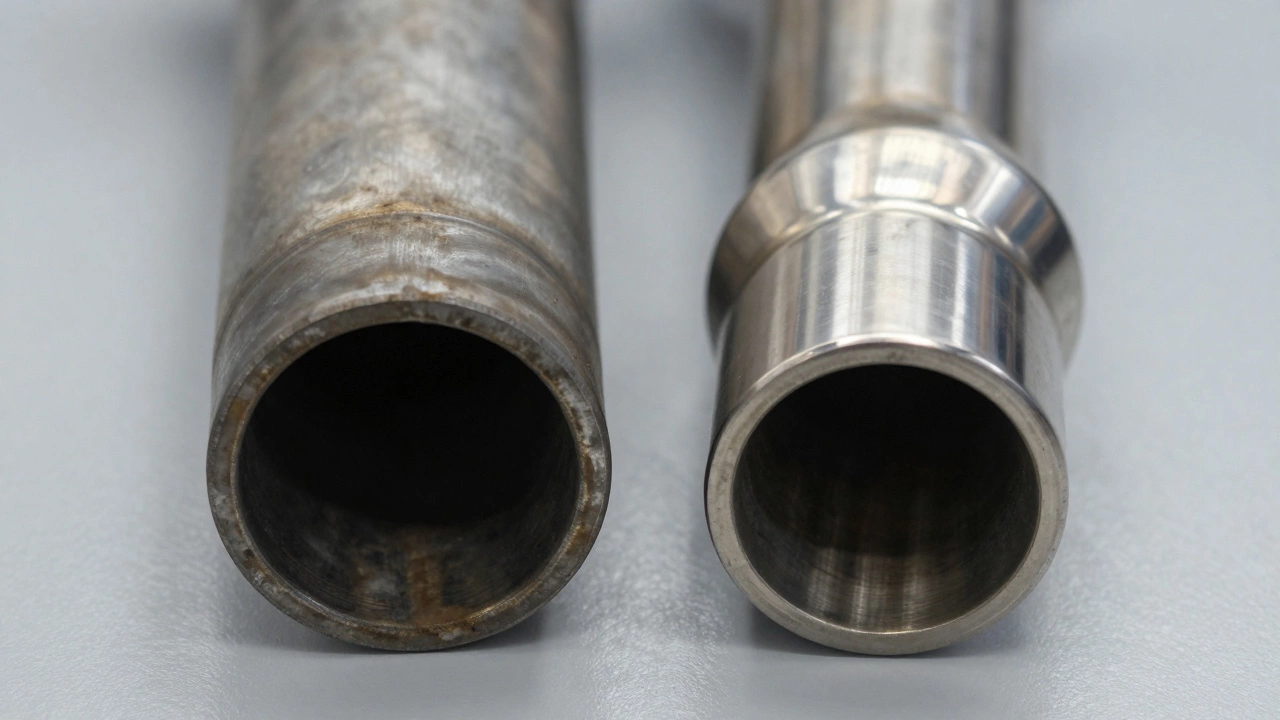 Comparison of rusty mild steel vs shiny stainless exhaust