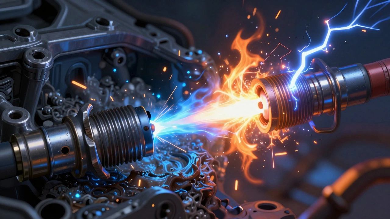Conceptual art showing efficient vs inefficient engine combustion