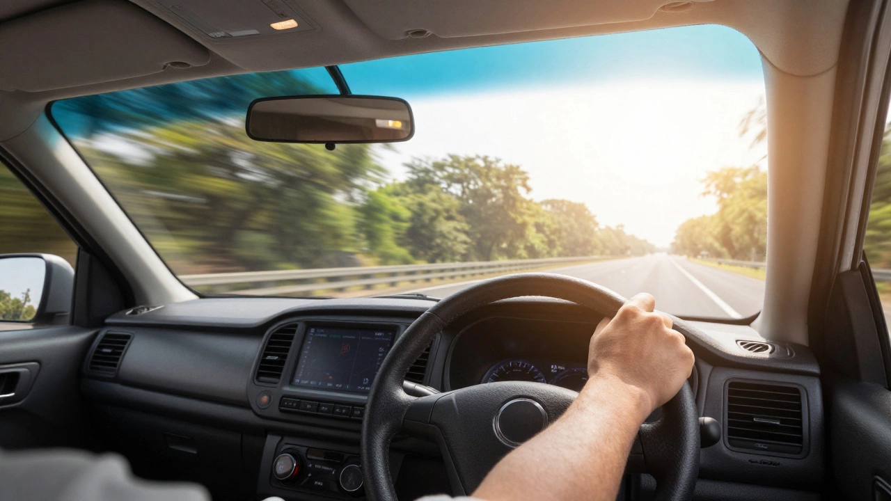 Driver accelerating smoothly on a sunny Indian highway