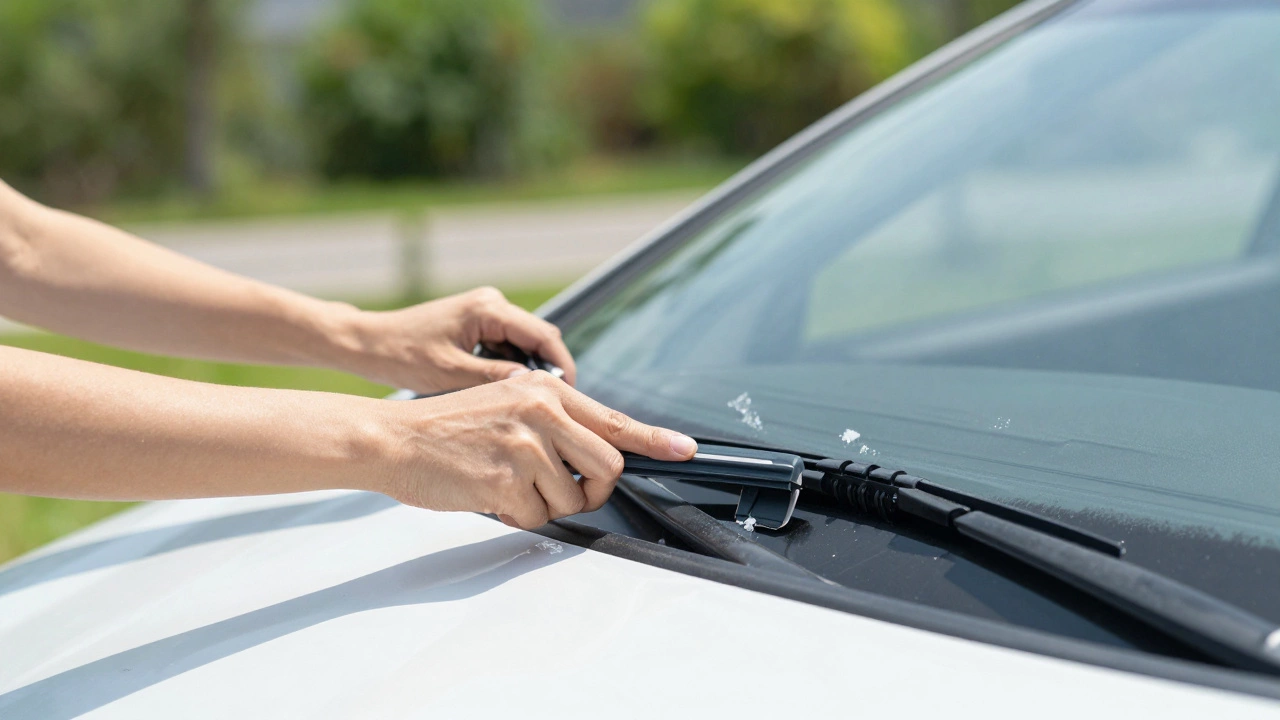 Hands lifting a wiper arm to prevent damage from ice or debris.