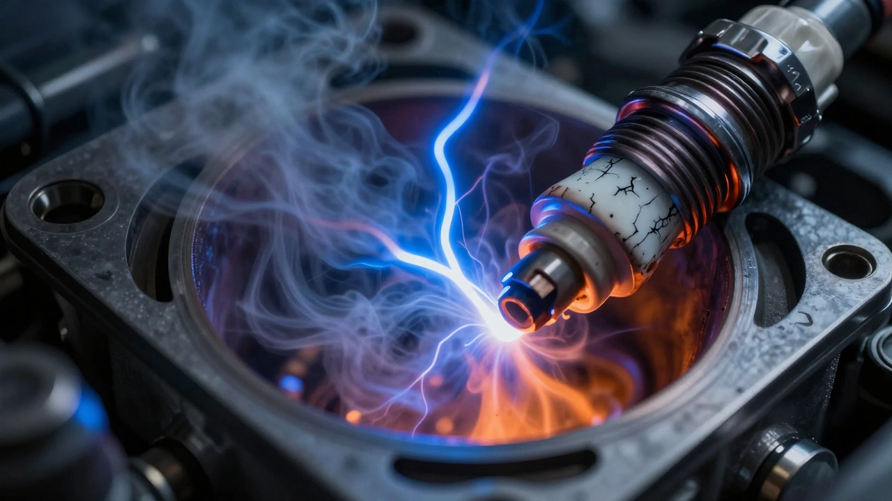 Macro view of a cracked spark plug causing erratic sparks and smoke in a cylinder.
