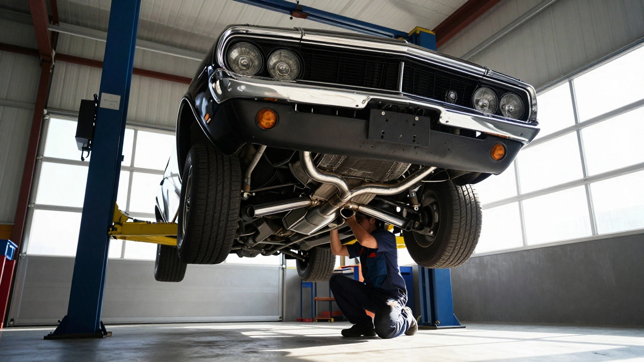 Mechanic installing new exhaust system under lifted car