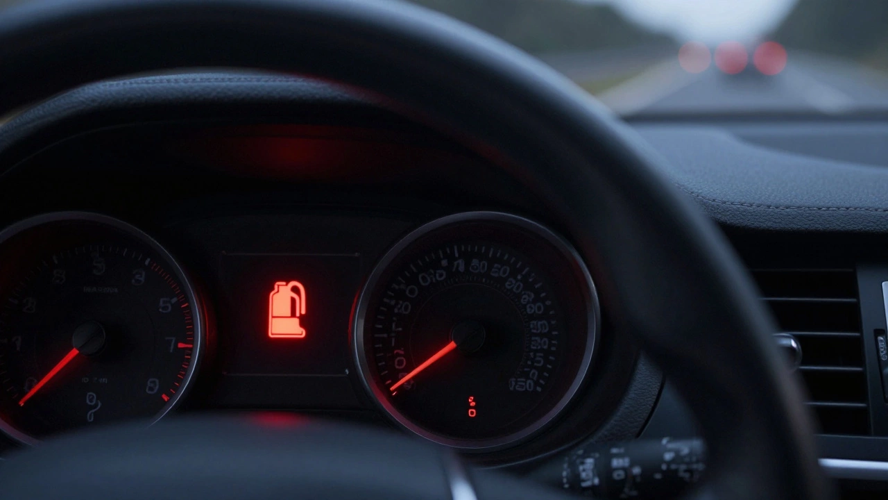 Red oil pressure warning light glowing on a car dashboard at night