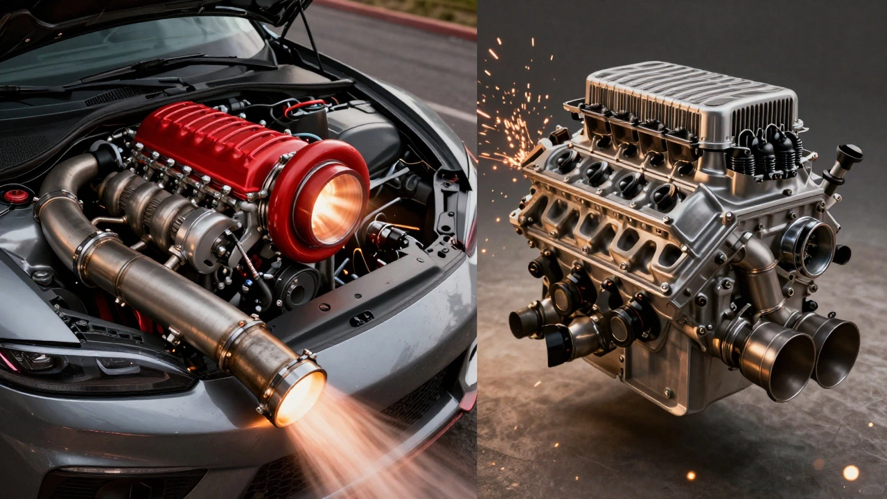 Turbocharged and V8 engines shown with large exhaust systems for power gains.