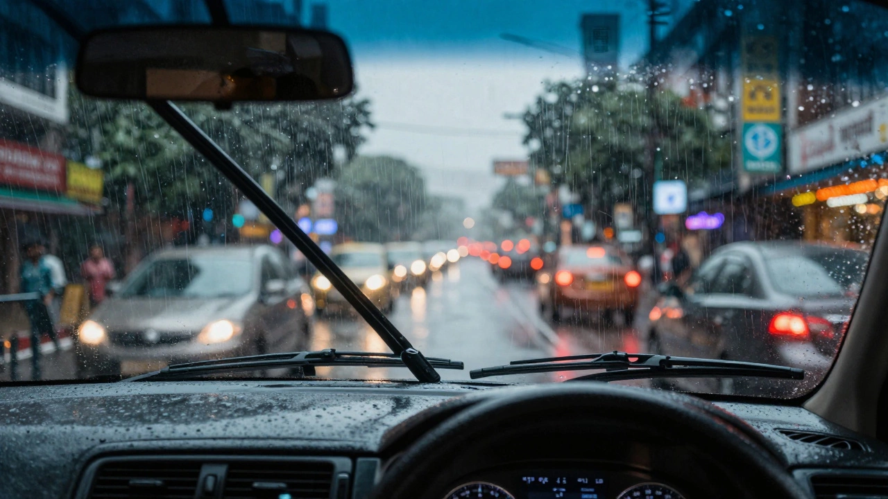 Wipers clearing heavy rain on a car windshield in a city