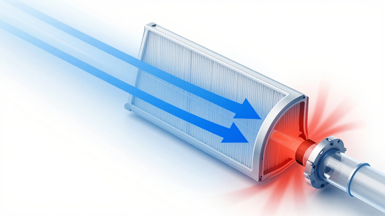 3D cutaway of HVAC ducts showing airflow resistance in filters