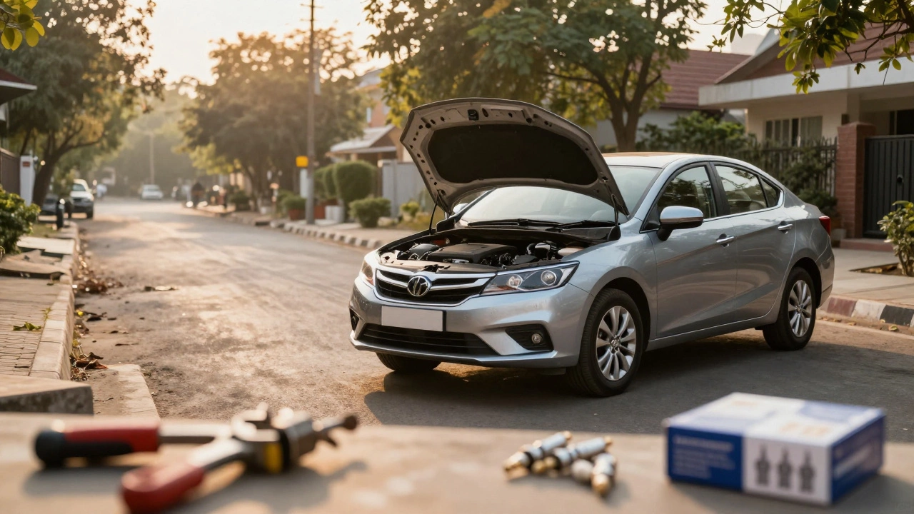 Car with open hood and spark plug tools on Indian street