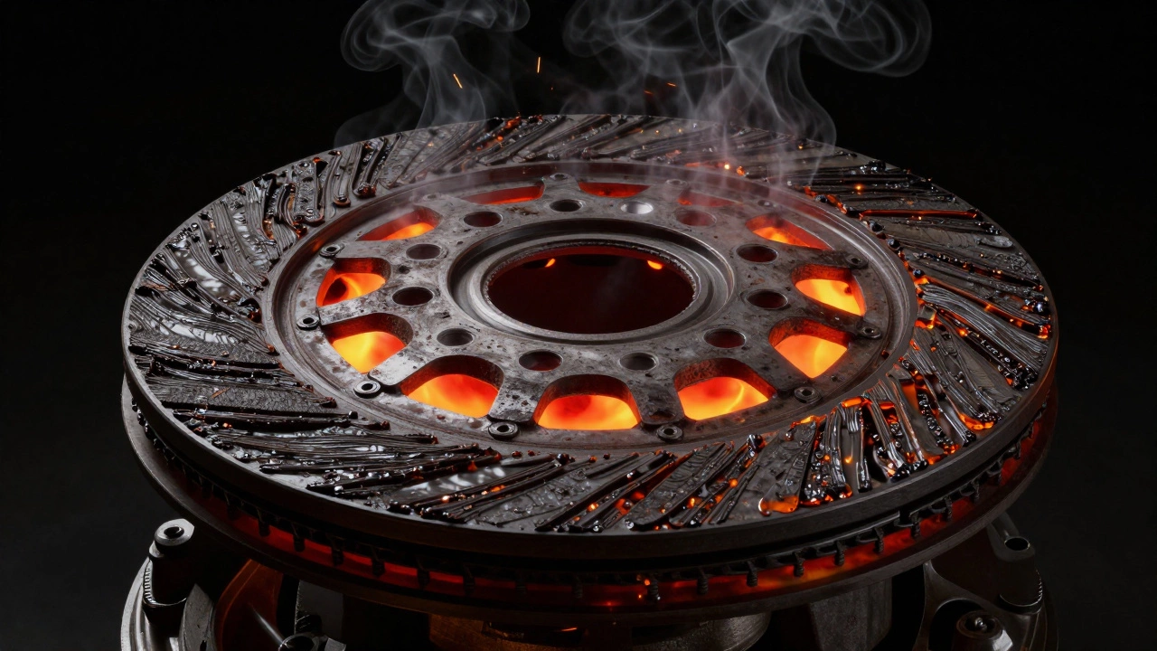 Close-up of a worn, scorched clutch disc and flywheel with heat effects