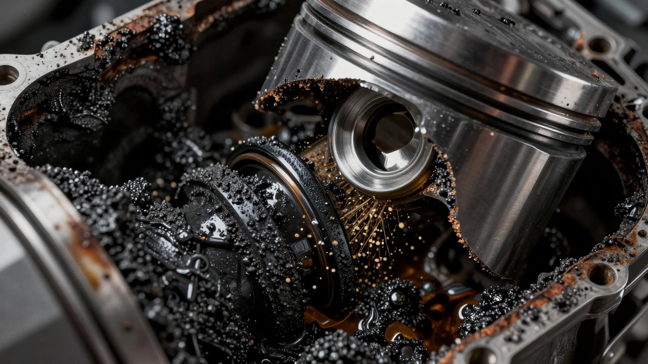 Engine piston coated in black sludge and debris