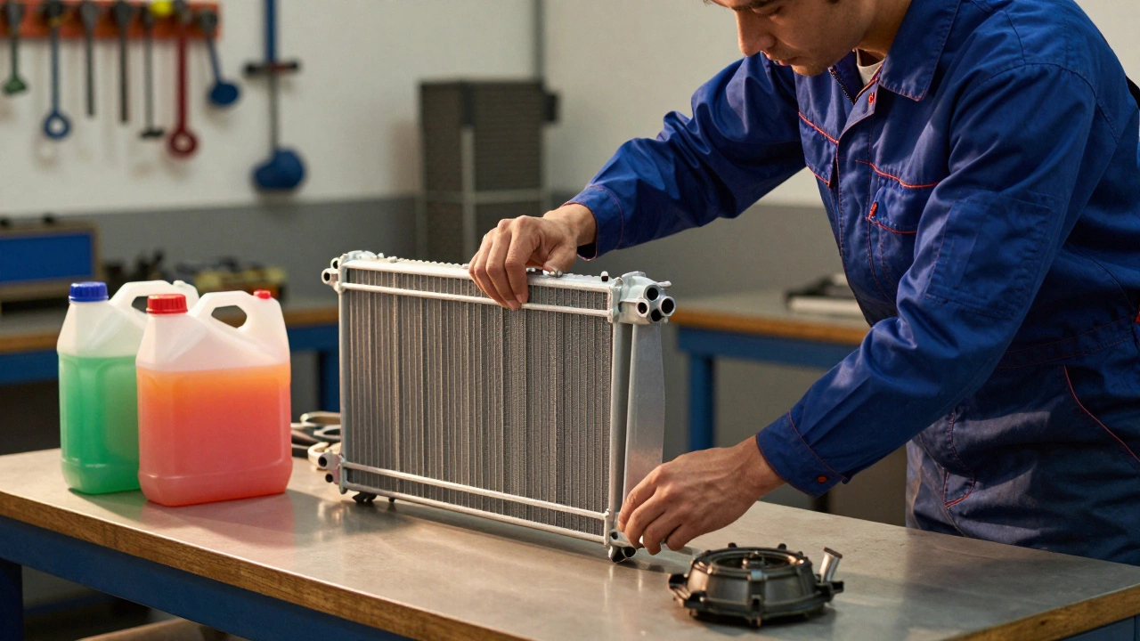 Mechanic inspecting a car radiator and coolant bottles in a workshop