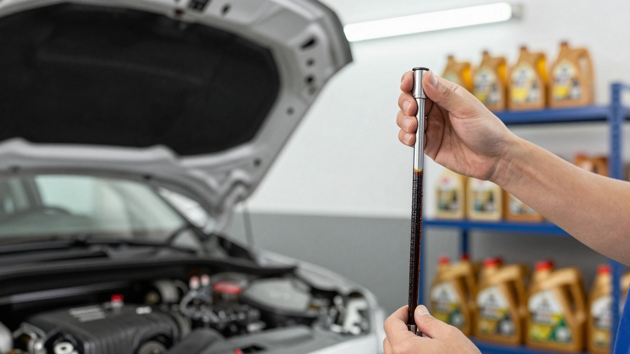 Mechanic inspecting dark used oil on a dipstick