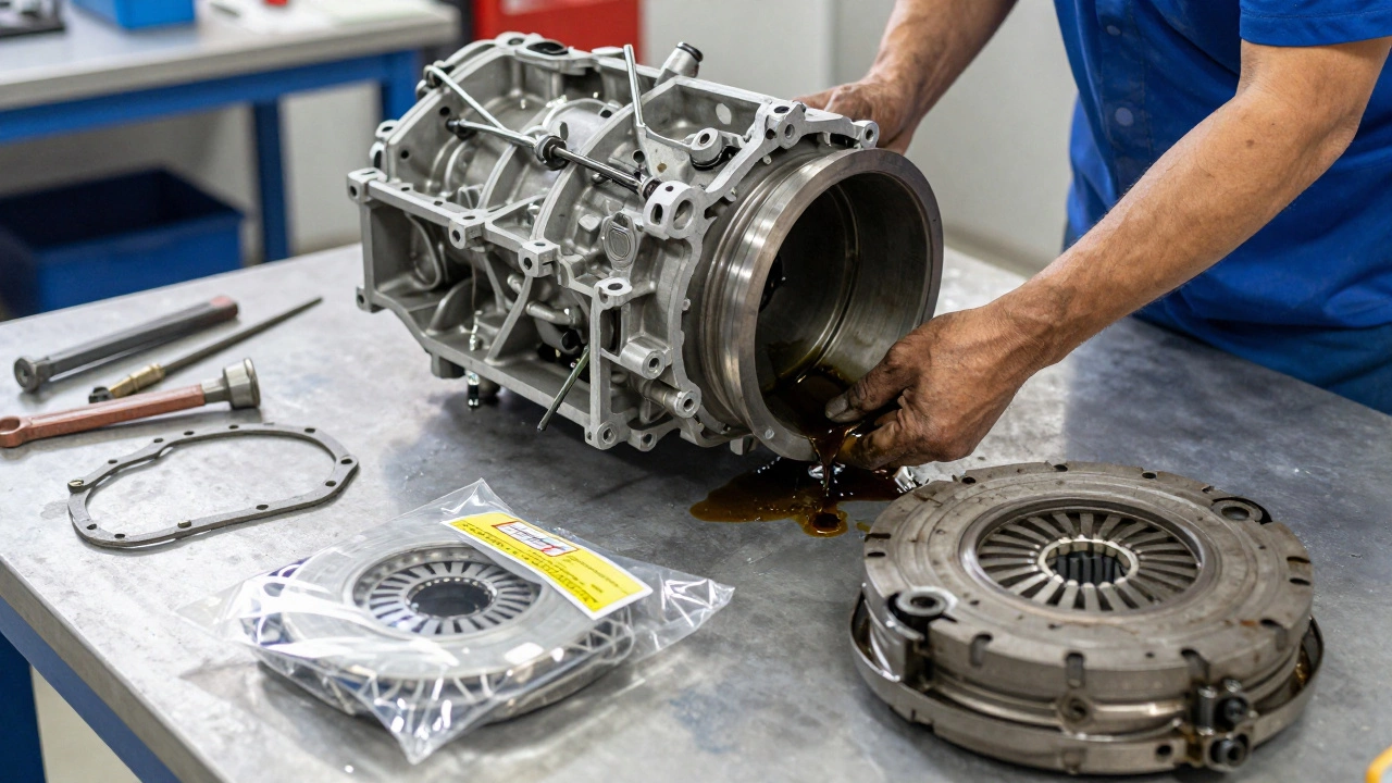 Mechanic inspecting leaking clutch hydraulic system