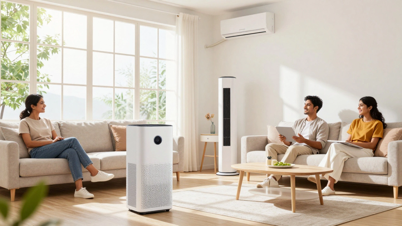 Modern Indian living room with clean air and portable purifier