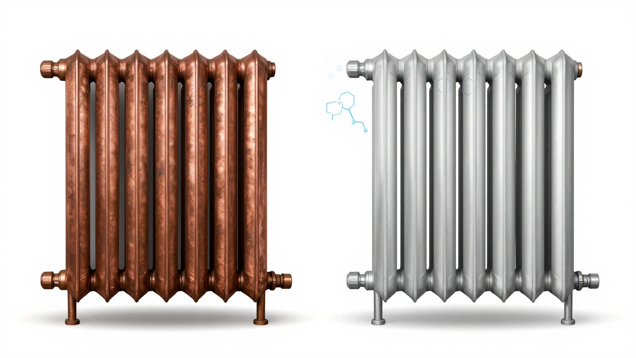 Side-by-side comparison of vintage copper and modern aluminum radiators