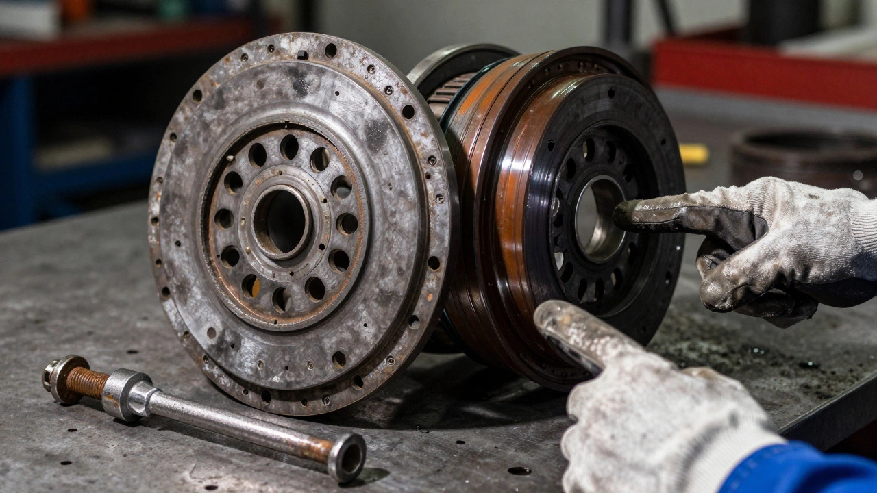 Worn clutch parts, seized bolts, and tools highlighting repair challenges