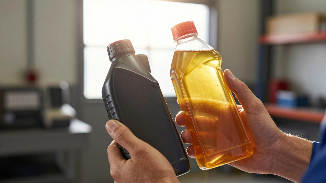 Close up of conventional and synthetic motor oil bottles in sunlight