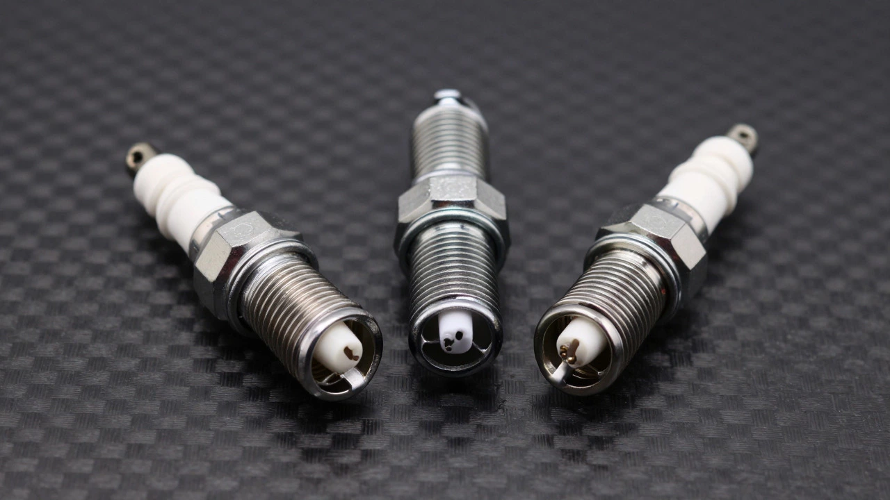 Copper, platinum, and iridium spark plugs displayed on dark surface