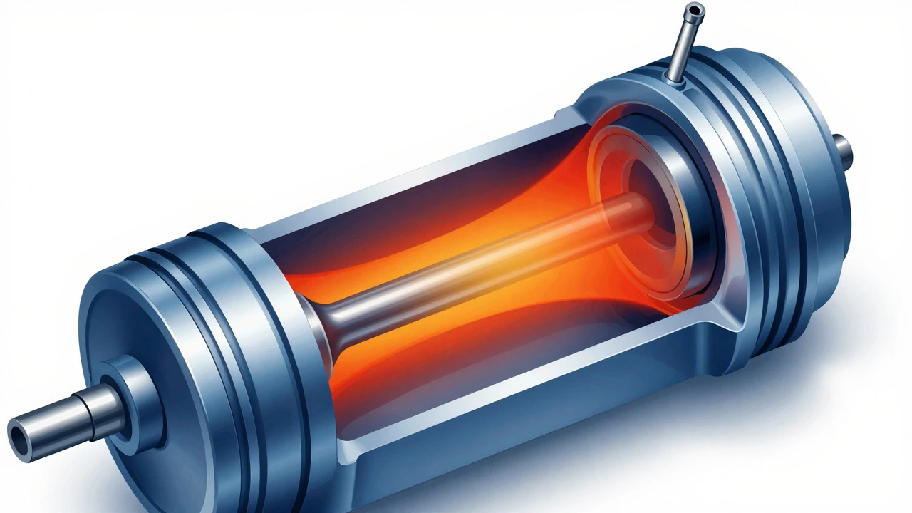 Cross-section of a diesel engine showing hot compressed air igniting fuel.