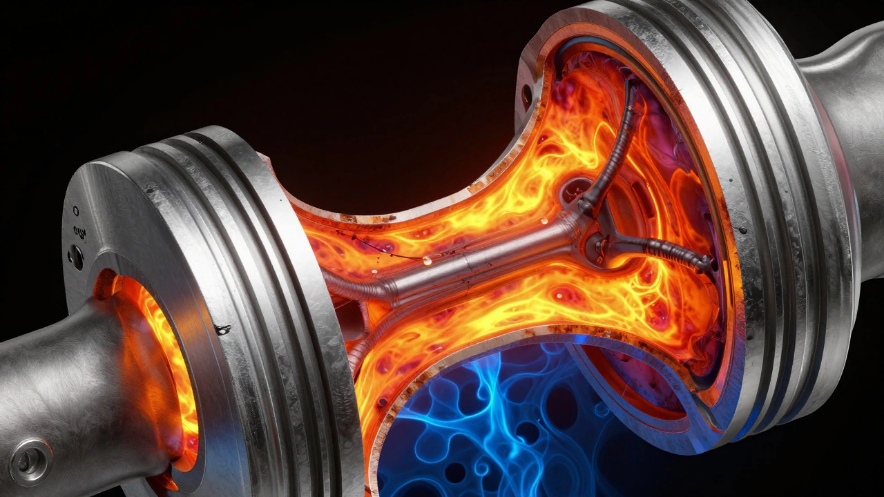 Cross-section of engine showing warped pistons and boiling coolant vapor